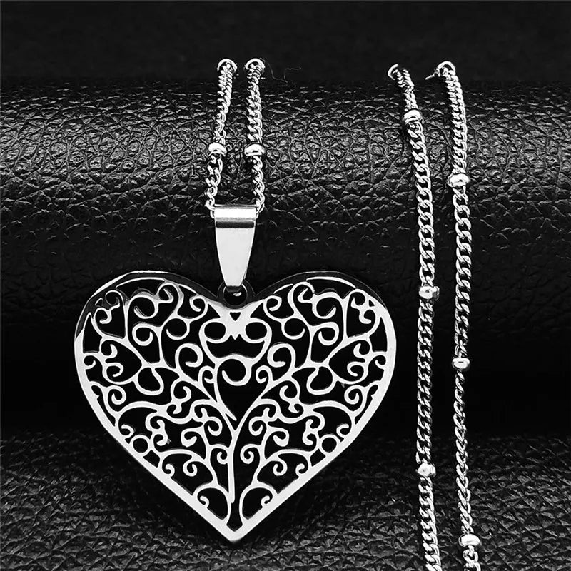 Aesthetic Love Heart Tree of Life Hollow Stainless Steel Gold Color Bead Chain Pendant Necklace