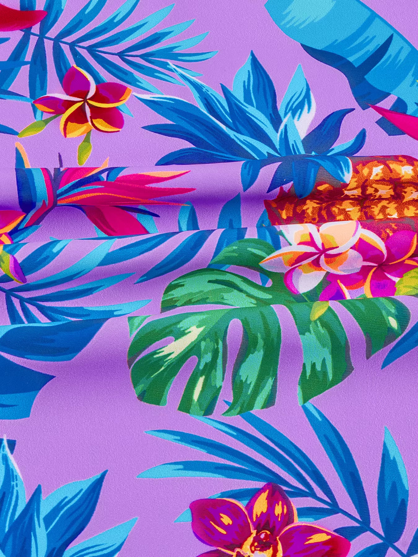 Long-Sleeved Purple Kids Girls One-Piece Tropical Plants Print Boyleg Rash Guard Beach Swimming Suit