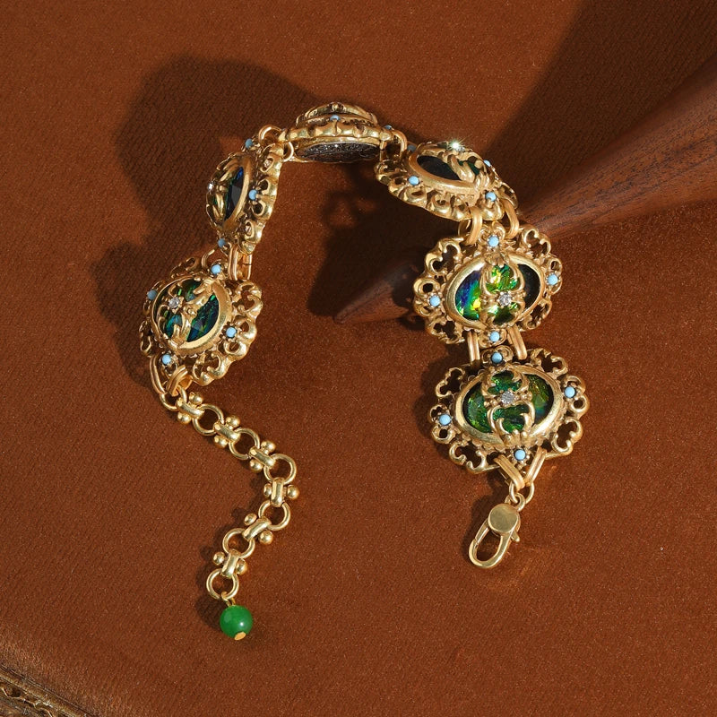 Vintage Hollow Rhinestone Opal Charm 18k Real Gold-Plated Dubai Designer Bracelet