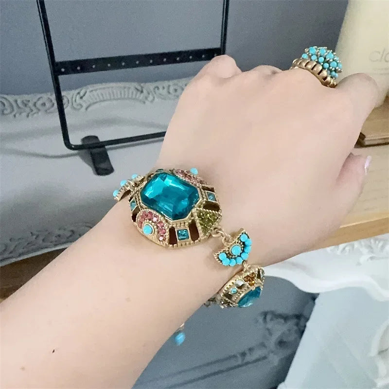 Bohemia Antique Gemstone Women Vintage Boho Beads Square Sea Blue Crystal Bangle Charm Bracelet