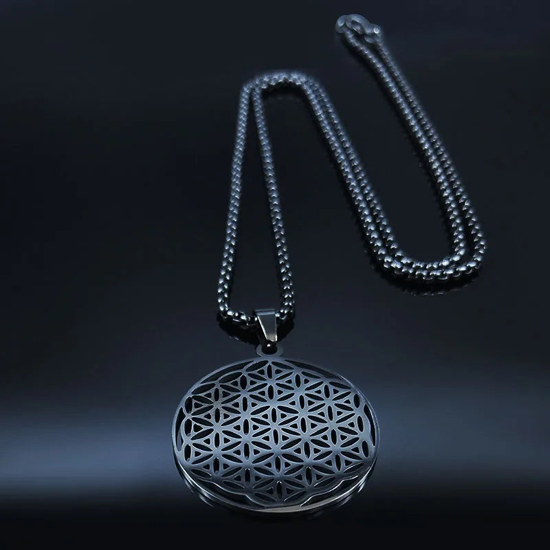Women Men Flower of Life Stainless Steel Gold Color Mandala Long Necklace