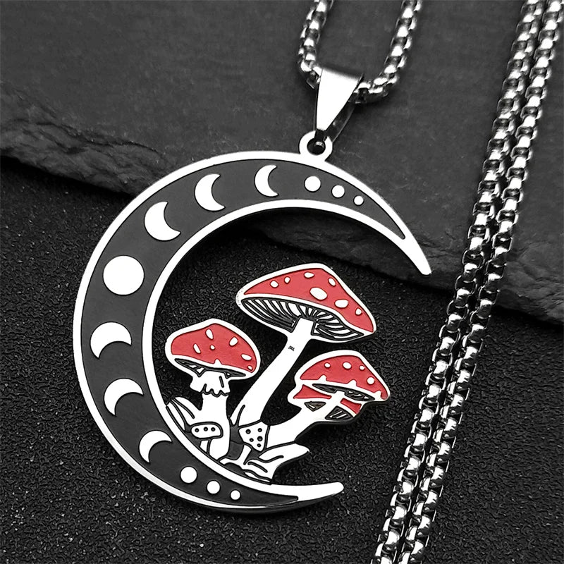 Witchcraft Moon Mushroom Pendant Necklace For Women Men Stainless Steel Silver Color Sun Trend Aesthetic Chain Jewelry Gifts