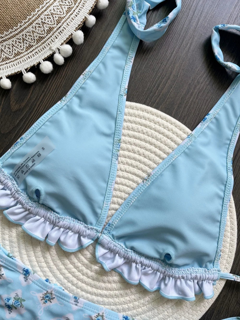 2pcs Sexy Lotus Leaf Edge Print Brazilian Swimsuit Triangle Thong Swimwear Suit