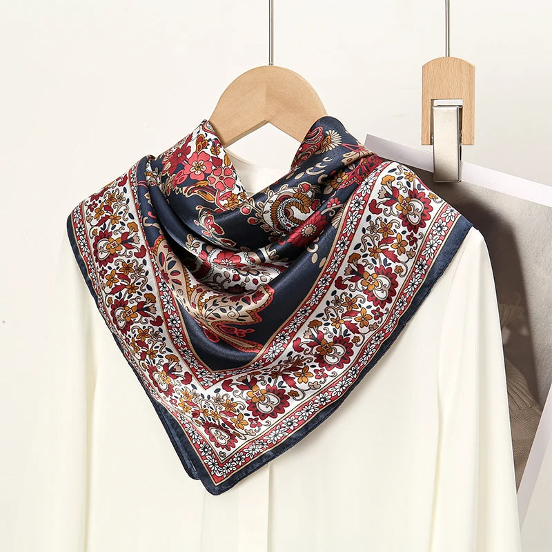 Women Fashion Silk Square Vintage Hijab Flower Prints Pashmina Bandana Scarves