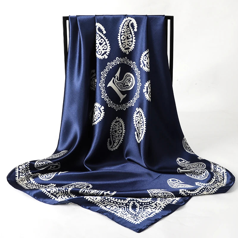 90cm Women Vintage Paisley Square Silk Shawls Printed Wraps Bandana Scarves