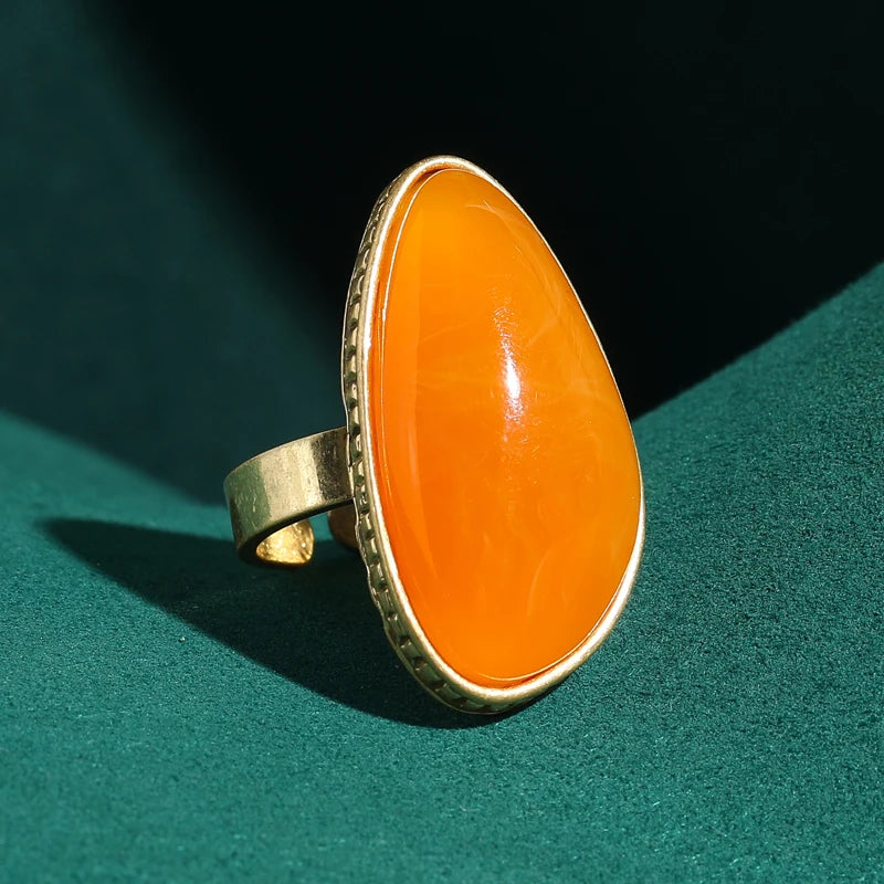 Vintage Orange Natural Stone Triangular Geometry Designer Ring