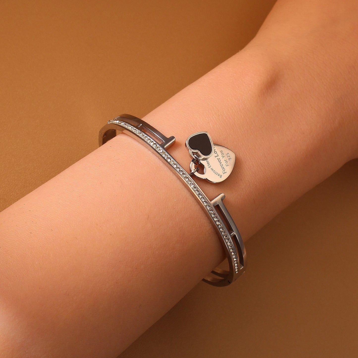 Women Fashion Double Peach Heart Love Stainless Steel Gold Color Bracelet Bangle Gifts