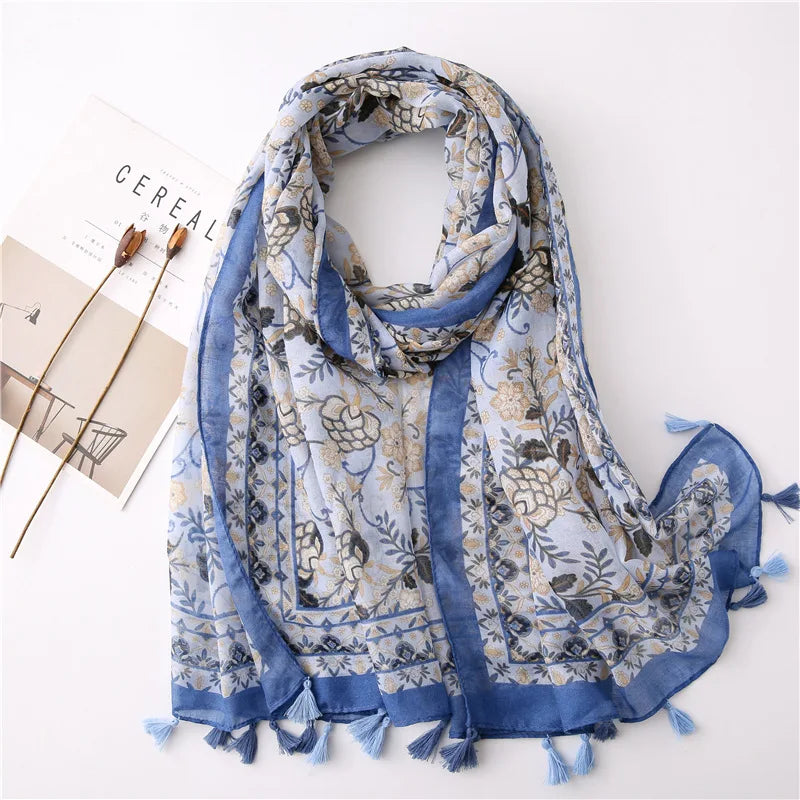 Women Fashion Large Cotton Flower Designs Tassel Prints Scarves Wrap Shawl Scarf