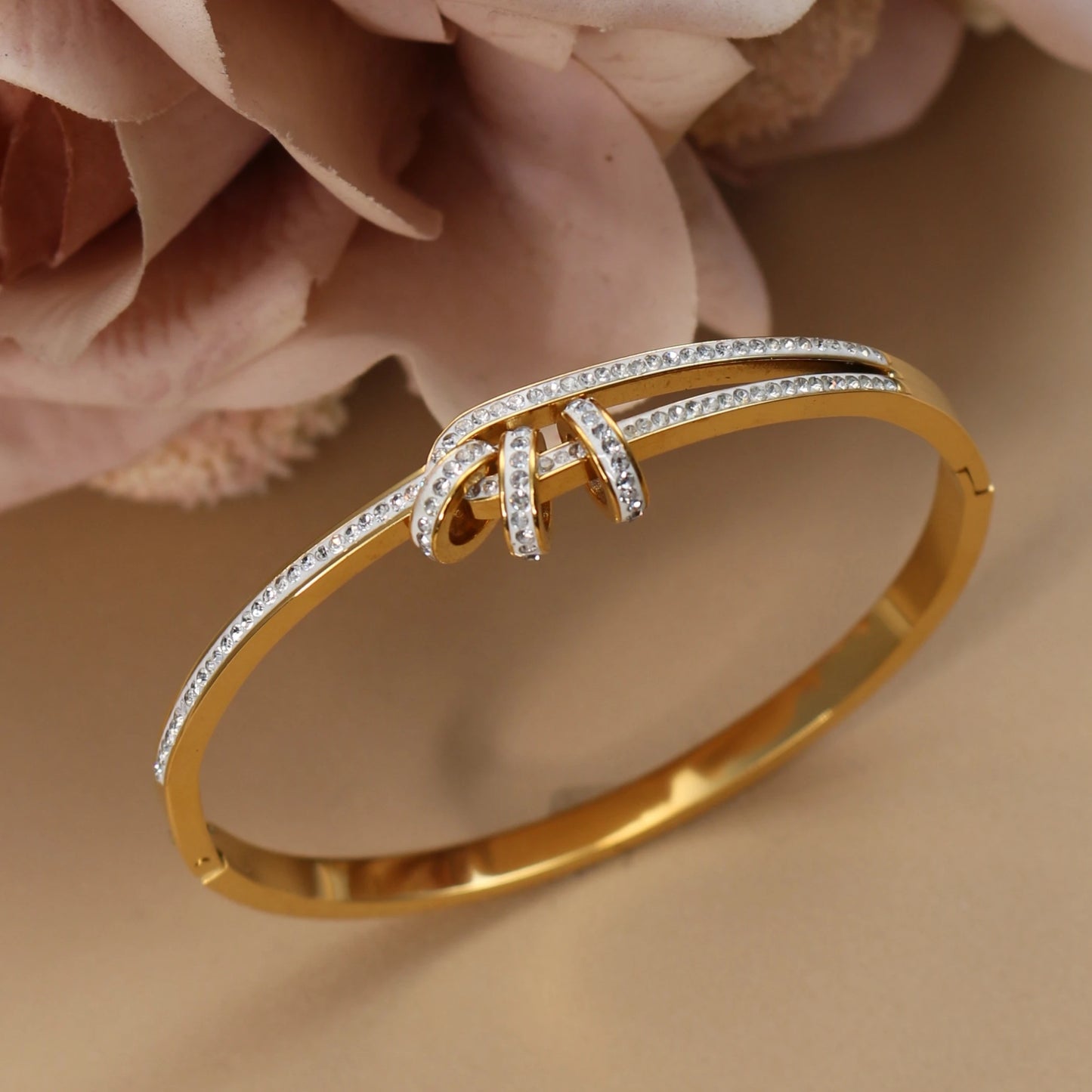 Delicate Crystal Cutout Knot Stainless Steel Gold Color Women's Charm Bracelet