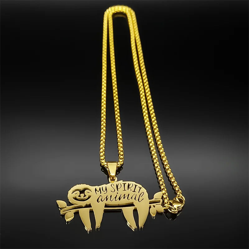 Cute Sleep Sloth My Spirit Animal Women Men Stainless Steel Gold Silver Chain Necklace
