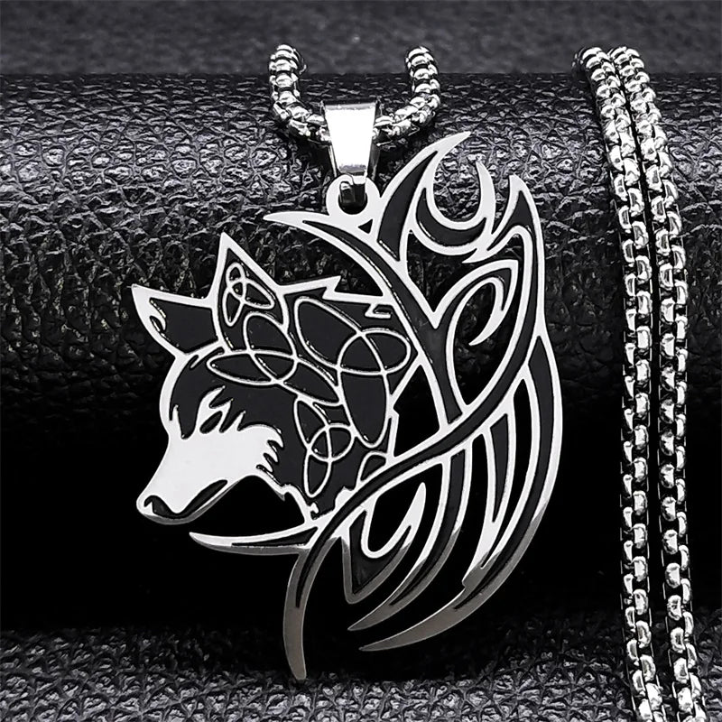 Viking Nordic Mythology Wolf Knot Stainless Steel Valknut Odin Symbol Necklace Pendant