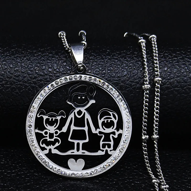 Family Boy Gril Stainless Steel Silver Color Crystal Necklace