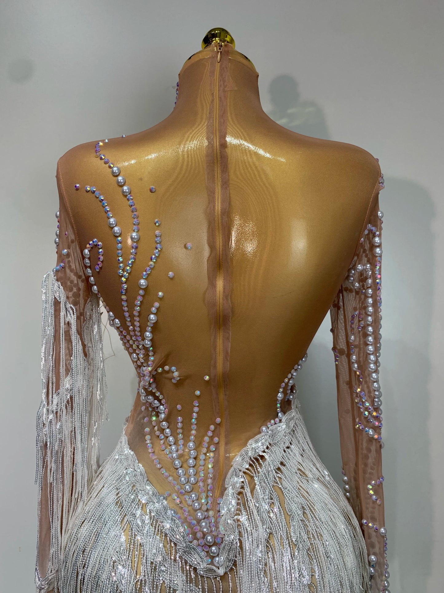 Sexy Rhinestone Sequins Tassel Mesh See Through Evening Party Nightclub Singer Sparkly Dress