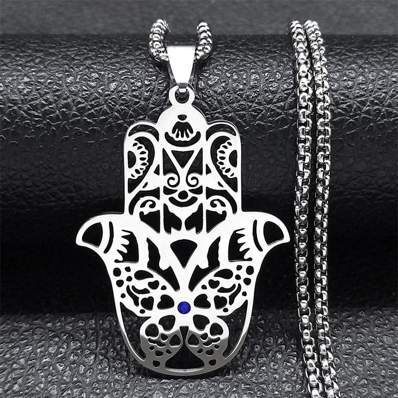Hollow Fatima Hamsa Stainless Steel Gold Color Luck Hand Palm Blue Turkey Eye Pendants Necklace