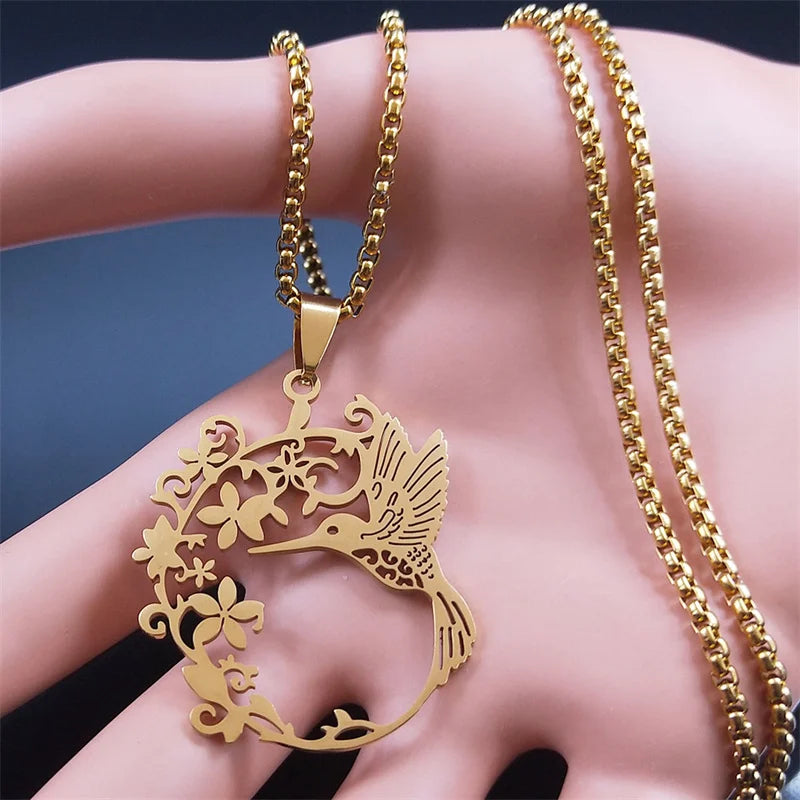 Bird Hummingbird Flower Necklace for Women Men Stainless Steel Gold Color Animal Pendant Necklaces Jewelry collar colibri N4626S