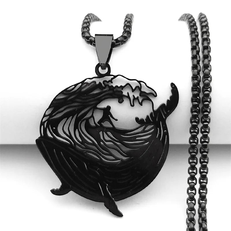 Whale Surf Riding Women Men Stainless Steel Gold Color Chain Necklace Pendant