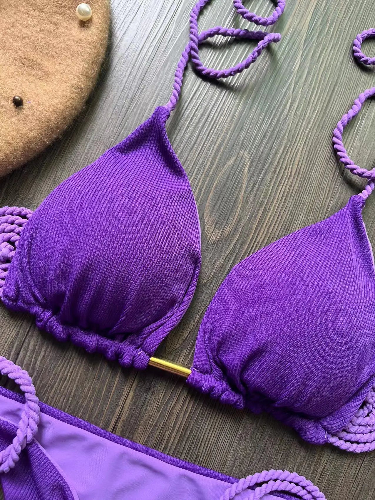 Sexy Solid Color Braiding Rope Bikini Swimsuit Two-piece Triangle Swimwear Bathing Brazilian Suits