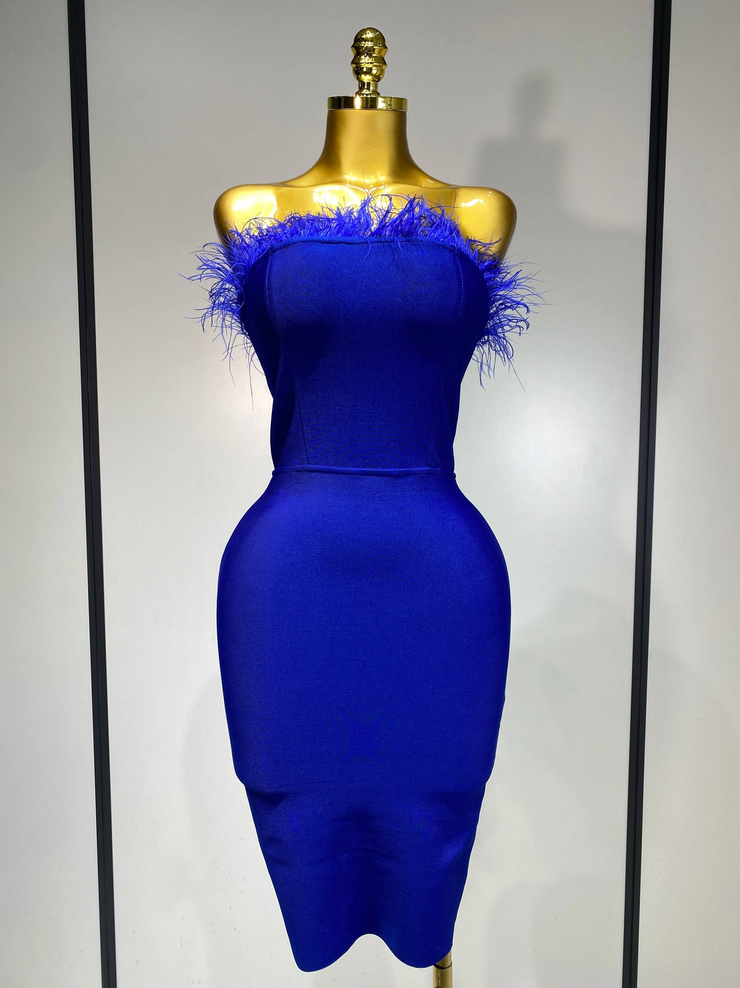 Sexy Backless Yellow Bandage Strapless Celebrity Elegant Feather Birthday Club Party Dress
