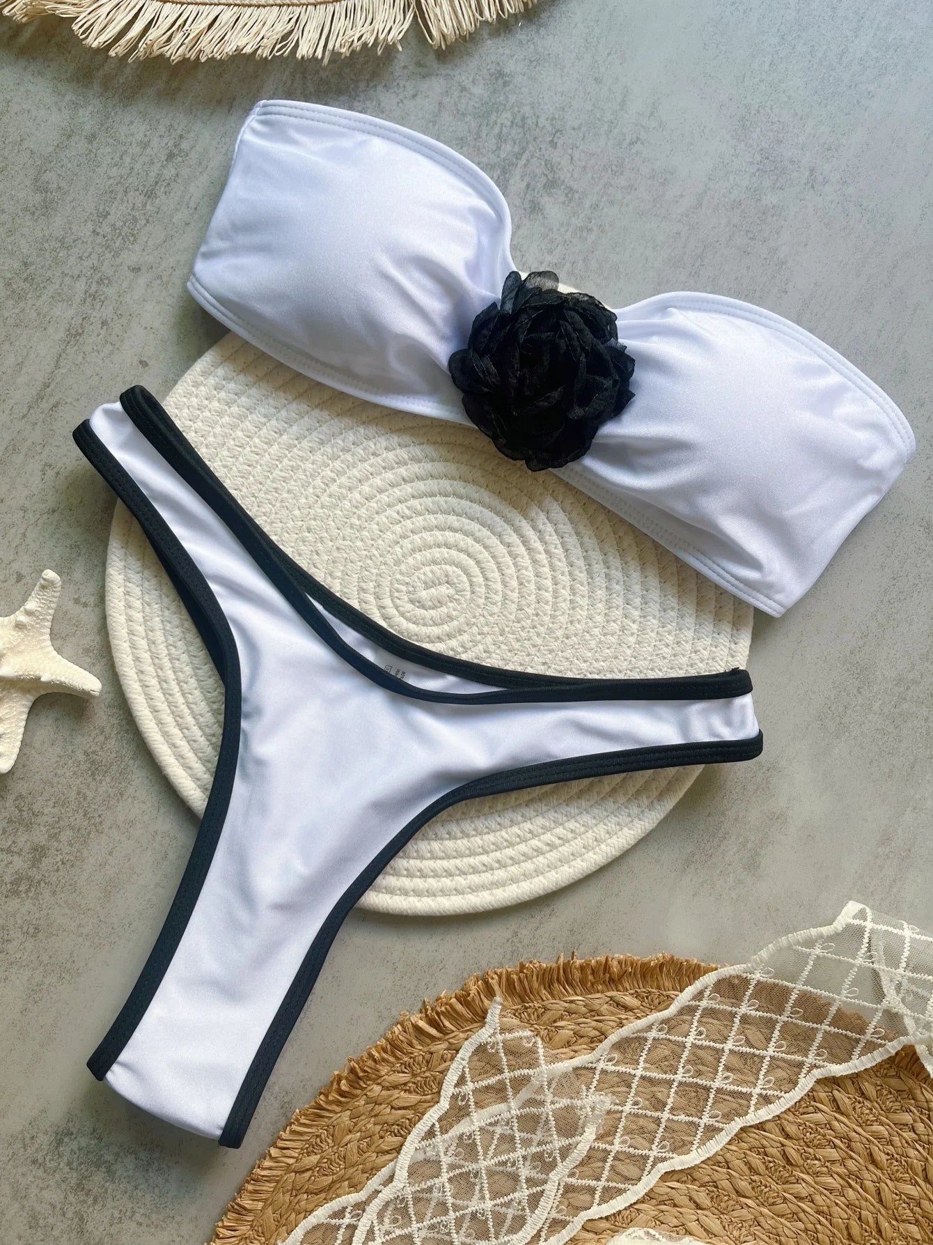Women Solid Color 3D Flower Split Flat Strap Swimwear Beach Bikini Bathing Suits