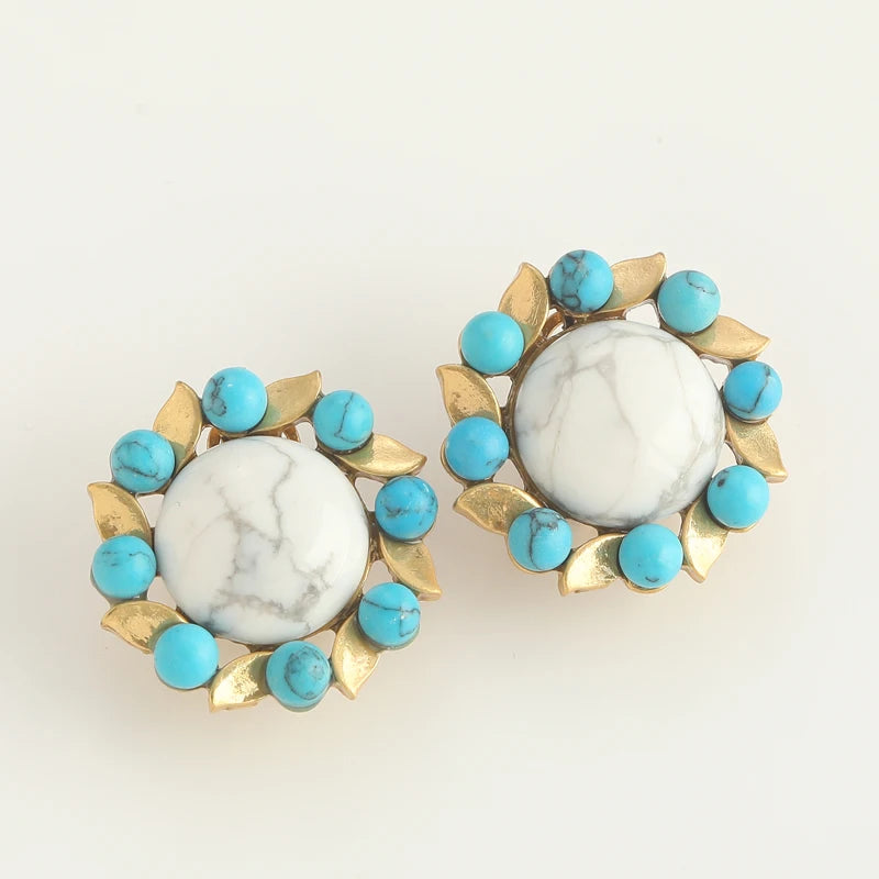 Vintage White Natural Stone Flower Shape Stud Blue Flower Antique Earrings