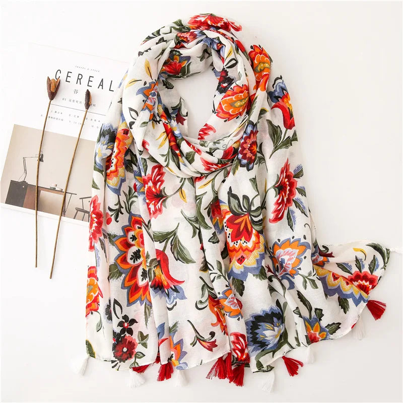 Women Fashion Large Cotton Flower Designs Tassel Prints Scarves Wrap Shawl Scarf