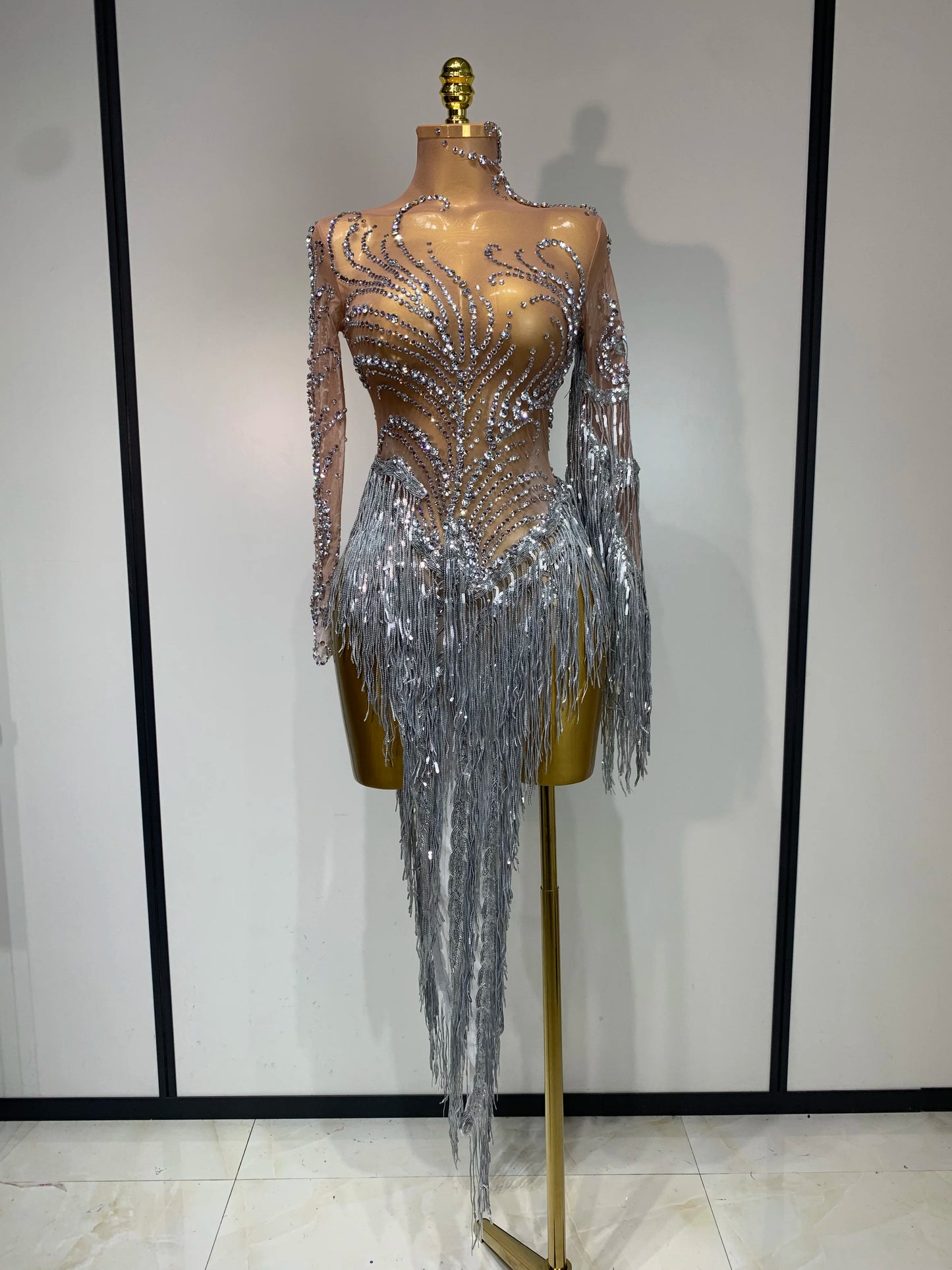 Sexy Rhinestone Sequins Tassel Mesh See Through Evening Party Nightclub Singer Sparkly Dress