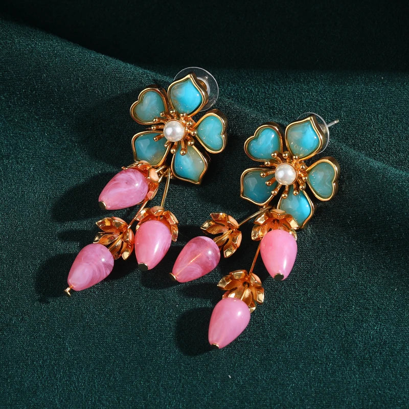 Luxury Blue Flower Natural Stone Pink Strawberry Rose Quartz Drop Gold Color Earrings Dangle