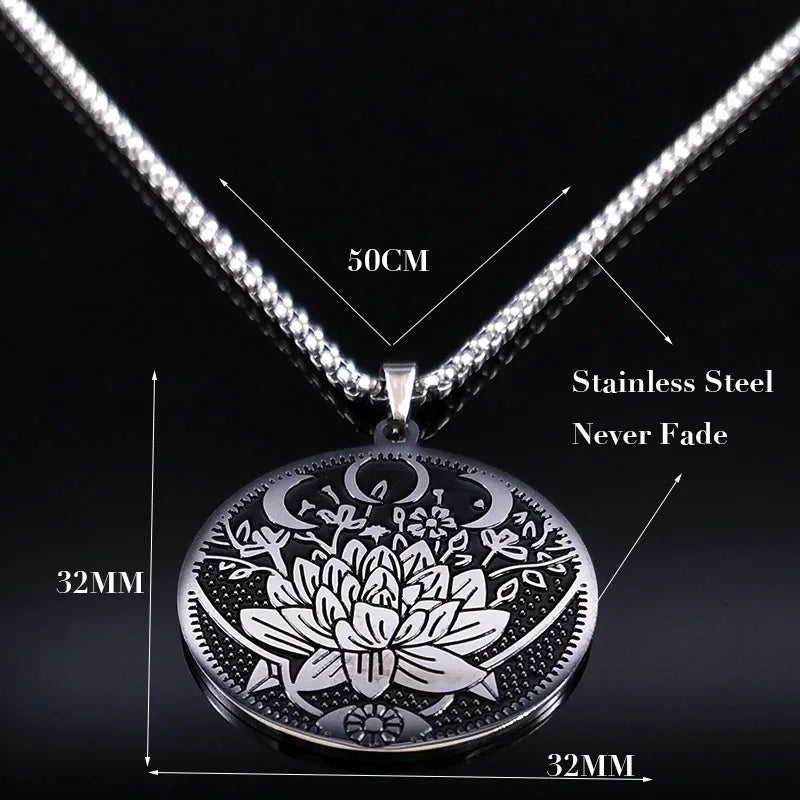 2024 Wicca Lotus Stainless Steel Black Silver Color Chain Pendant Necklace