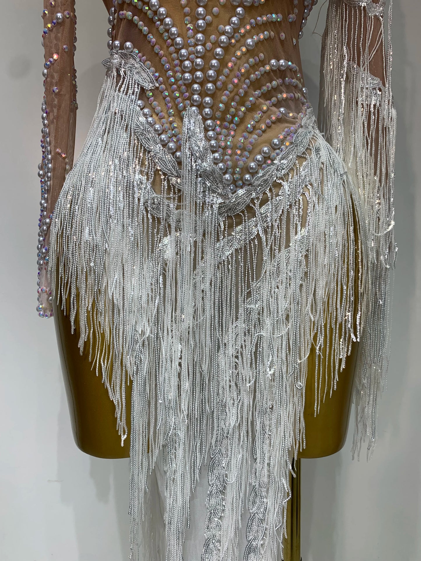 Sexy Rhinestone Sequins Tassel Mesh See Through Evening Party Nightclub Singer Sparkly Dress