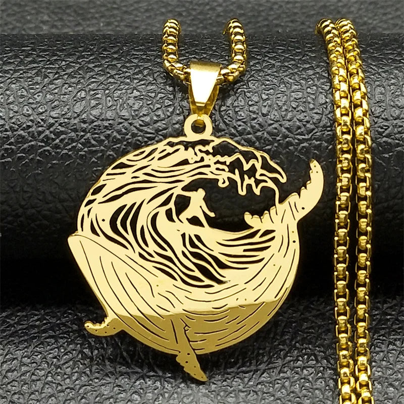 Whale Surf Riding Women Men Stainless Steel Gold Color Chain Necklace Pendant