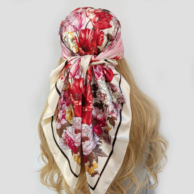 90cm Women Four Seasons Square Silk Satin Oil Painting Prints Bandana Wrap Shawl Scarves Scarfs gfK5