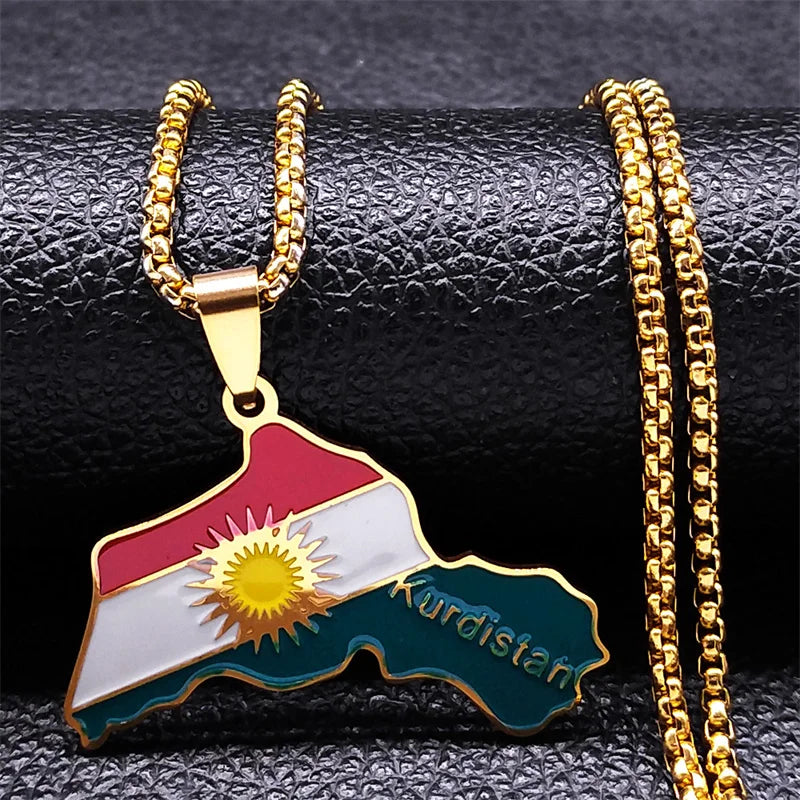 Women Men Kurdistan Afghanistan Region Flag Map Stainless Steel Pendants Necklace