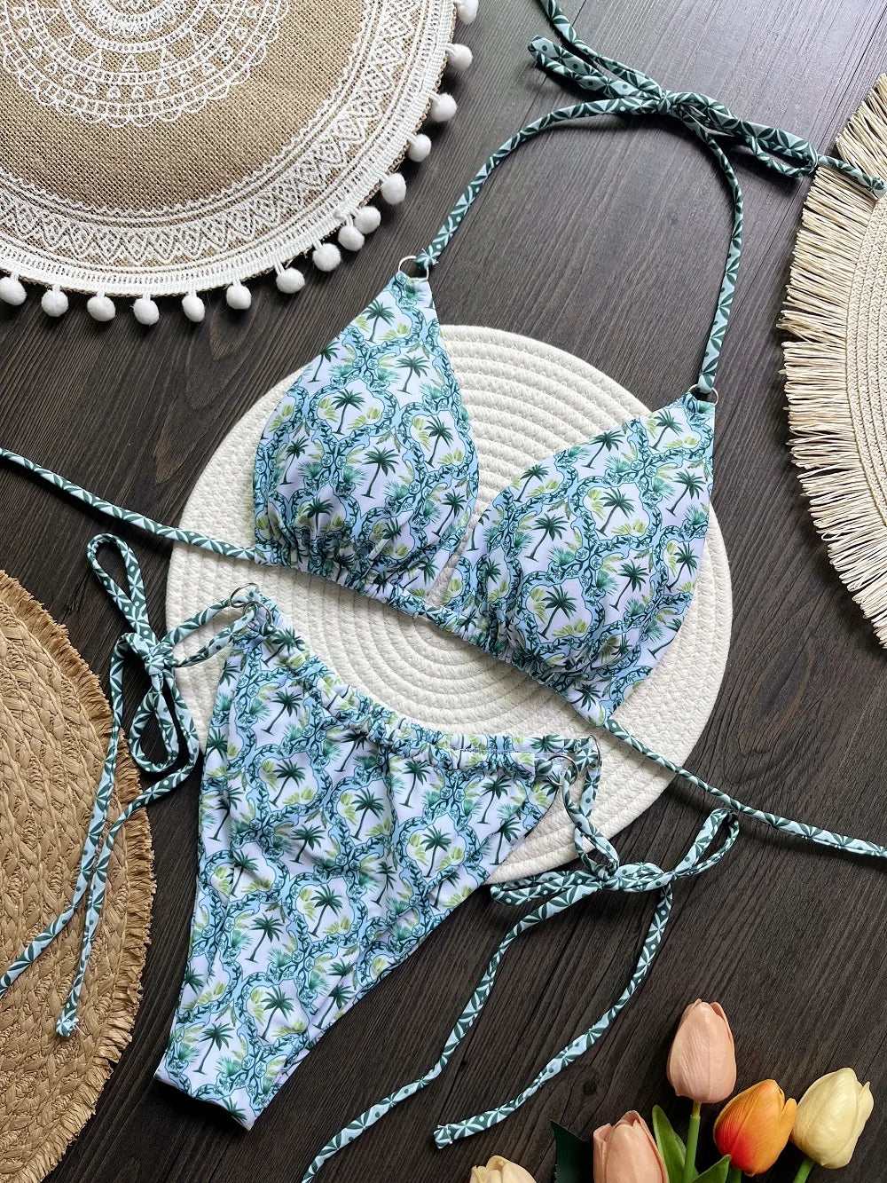 Sexy Triangle Coconut Tree Print Bikini Two-piece Halter Swimwear Brazilian Bathing Suit