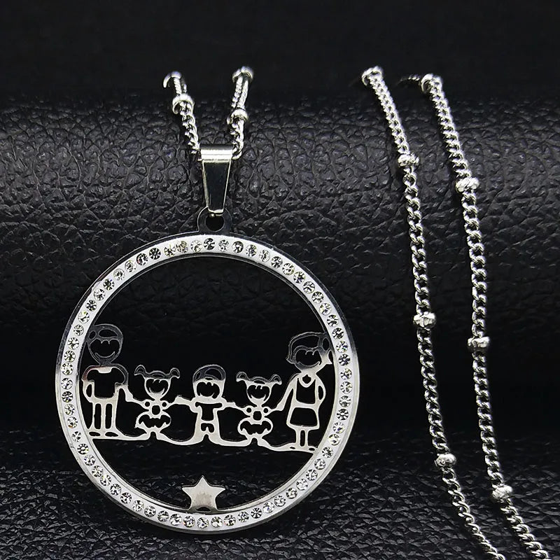 Family Boy Gril Stainless Steel Silver Color Crystal Necklace