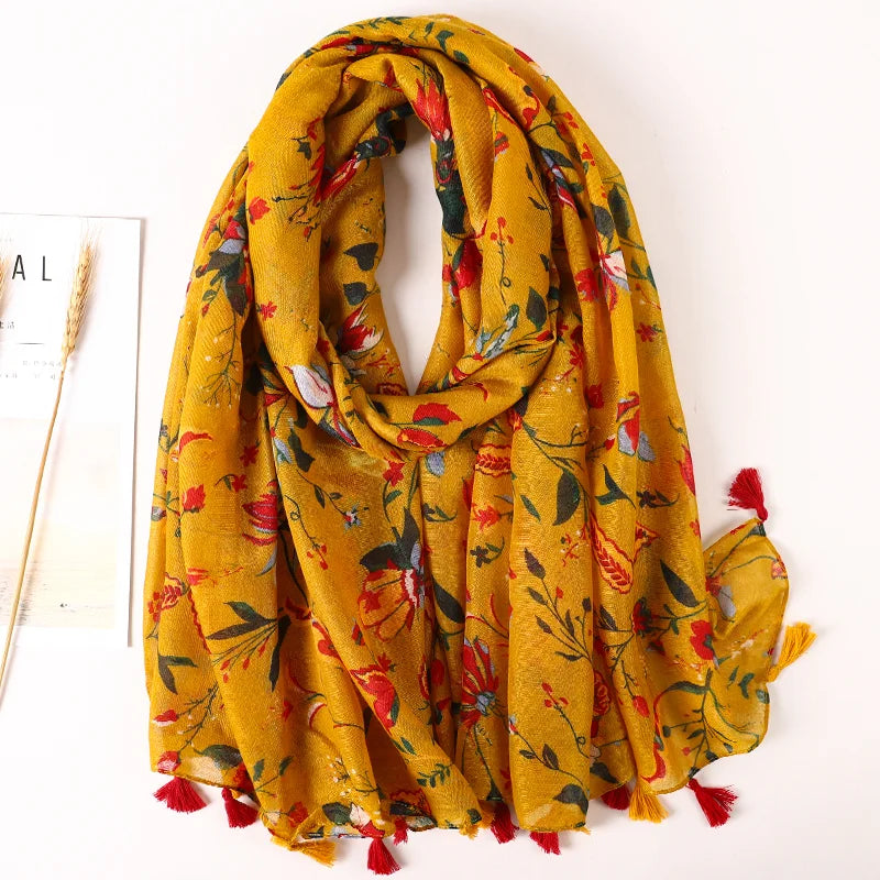 Women Fashion Large Cotton Flower Designs Tassel Prints Scarves Wrap Shawl Scarf