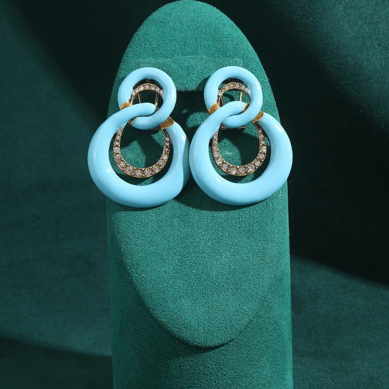 Vintage Blue Enamel 8-Shaped Infinite Women Geometry Antique Rhinestones Earrings