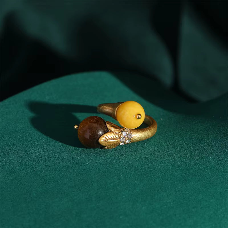 Women Blue Natural Stone Open Leopard Fashionable Water Drop Gold Color Pearl Flower Ring