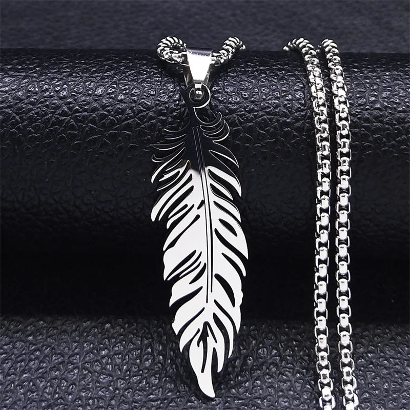 Boho Leaf Feather Women Men Stainless Steel Silver Color Chain Pendant Necklace