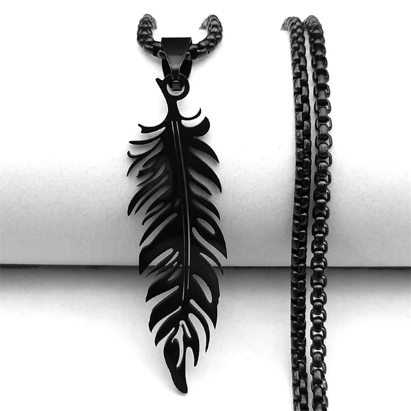 Boho Leaf Feather Women Men Stainless Steel Silver Color Chain Pendant Necklace
