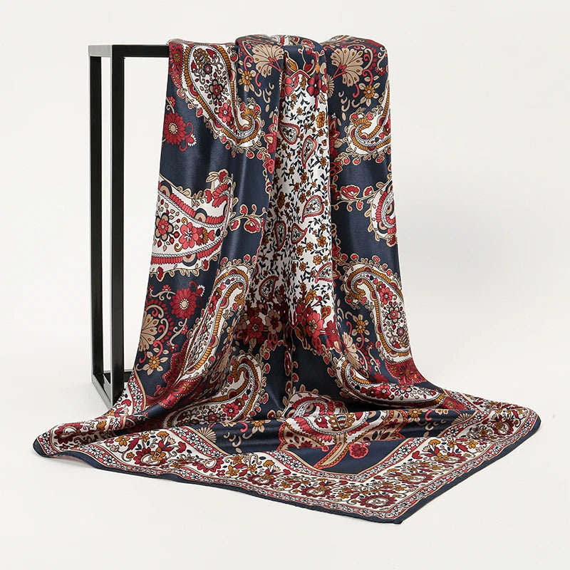 Women Fashion Silk Square Vintage Hijab Flower Prints Pashmina Bandana Scarves