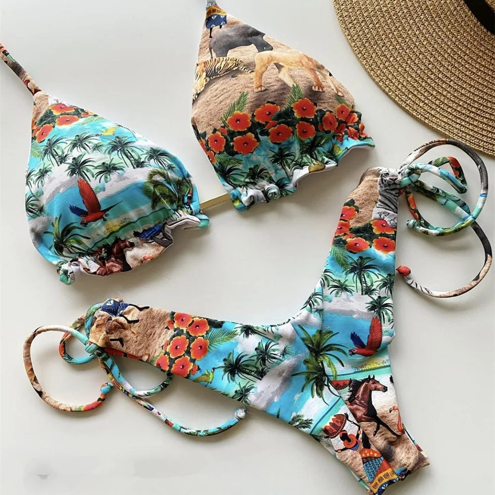 Striped Knotted Swimsuit Beach Sexy Thong Swimwear Bandage Brazilian Mirco Bikinis