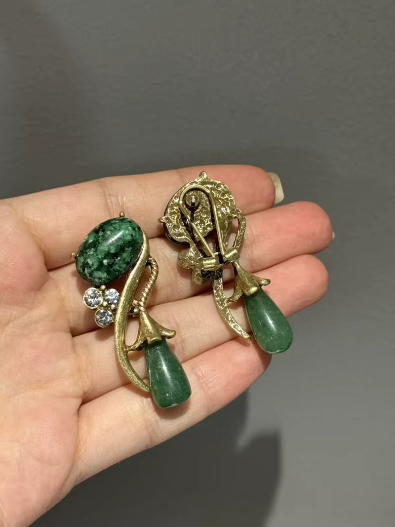 Antique Moss Green Natural Stone Flower Rhinestones Vintage Long Water Drop Earrings