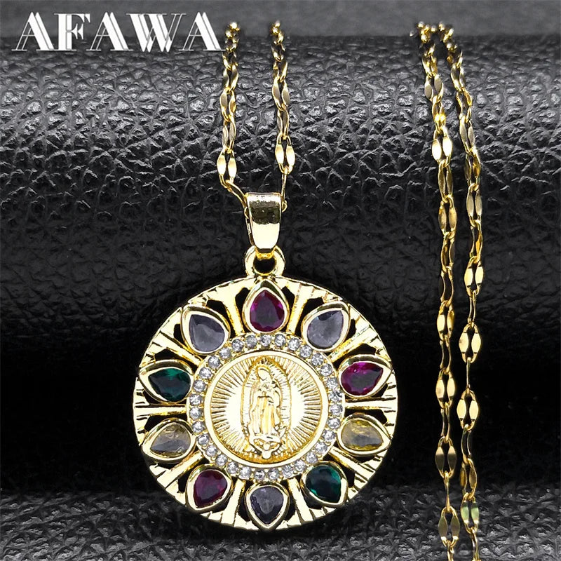 Aesthetic Virgin Mary Medal Copper Zircon Pendant Necklace for Women Men Stainless Steel Our Lady Guadalupe Chain Jewelry collar