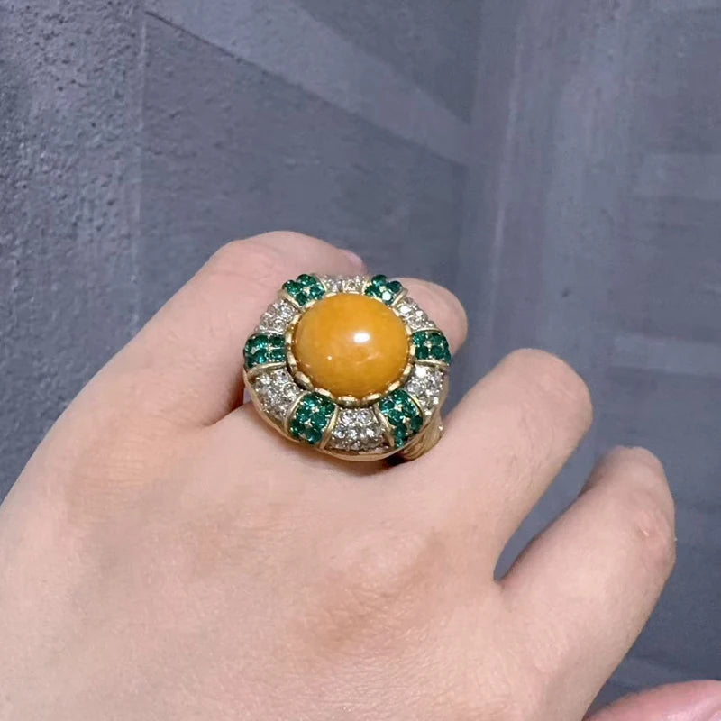Vintage Round Yellow Stone Women White Green Rhinestone Luxury Designers Ring
