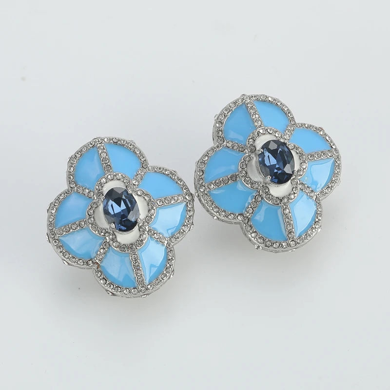 Luxury Designer Large Blue Clover Four Leafs Flower Stud Charms Vintage Earrings