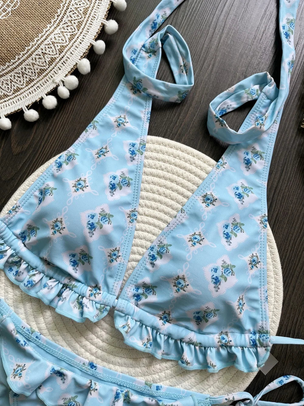 2pcs Sexy Lotus Leaf Edge Print Brazilian Swimsuit Triangle Thong Swimwear Suit