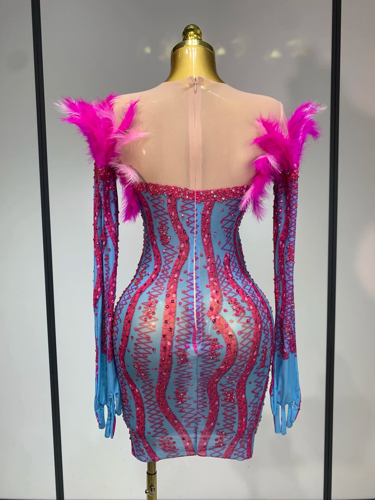 Women Sexy Mesh See Through Diamond Feather Elegant Evening Party Dinner Wear Dress