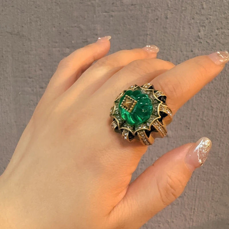 Women Vintage Pumpkin Blue Crystal Open Black Dripping Oil Halloween Ring