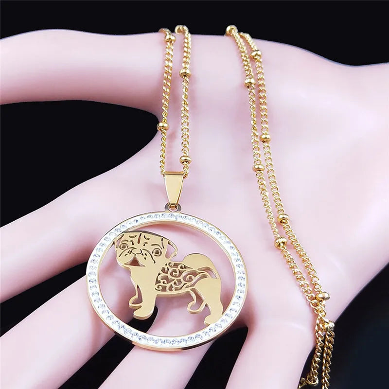 Pug Dog Stainless Steel Crystal Necklace Pendant Gold Color Chain Necklace