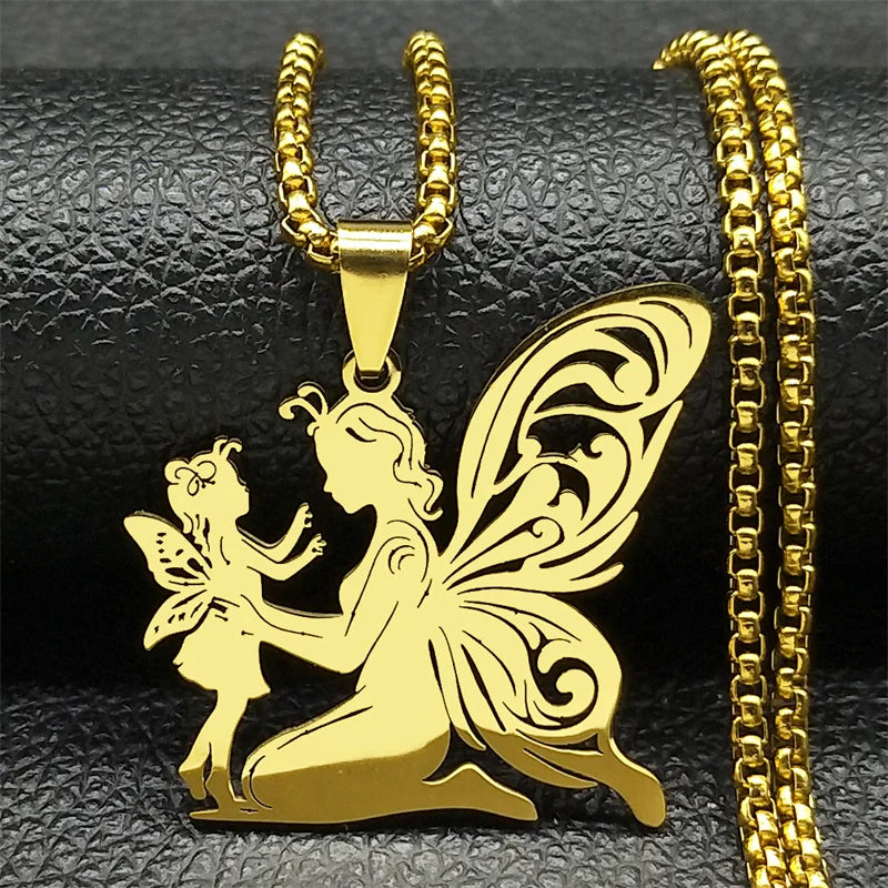Butterfly Fairy Mom Daughter Men Stainless Steel Gold Color Love Chain Necklace Pendant